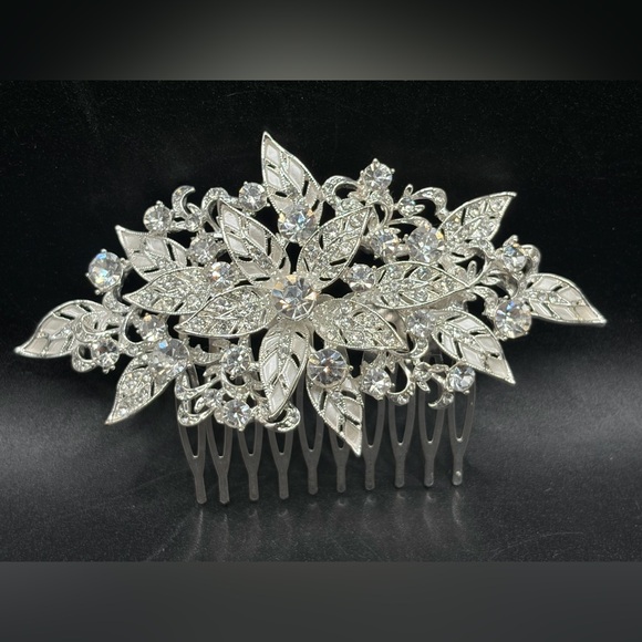 Accessories - Bejeweled Silver Tone Metal Crystal Hair Comb Accessory, Wedding Bridal Princess